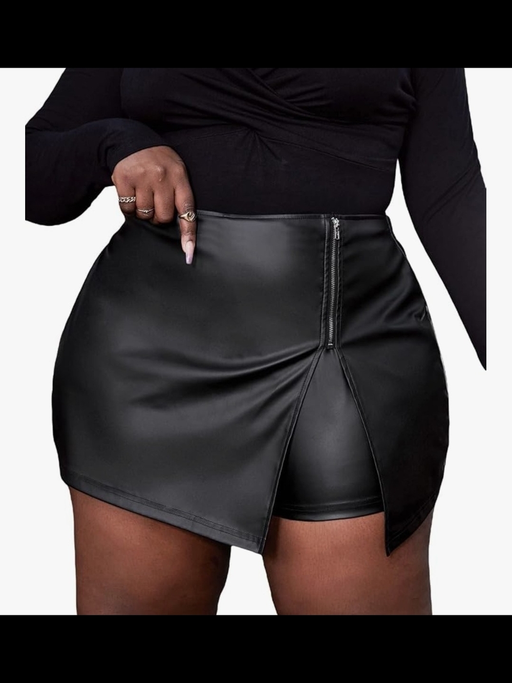Black Faux Leather Asymmetric Mini Skort
